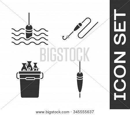 Set Fishing Float, Fishing Float In Water, Fishing Bucket With Fishes And Fishing Line With Hook And