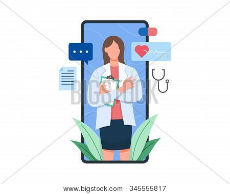 Vector Illustration Female Doctor On The Screen Of Smartphone Holding Clipboard. Online Health Consu