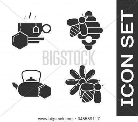 Set Bee And Flower, Cup Of Tea With Honey, Tea Kettle With Honey And Hive For Bees Icon. Vector