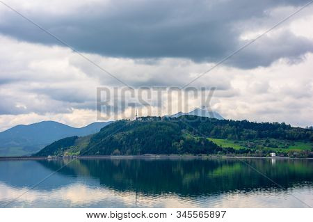 Lake Liptovska Mara In Slovakia. Wondeful Travel Destination Of High Tatras Mountain Ridge. Cloudy W