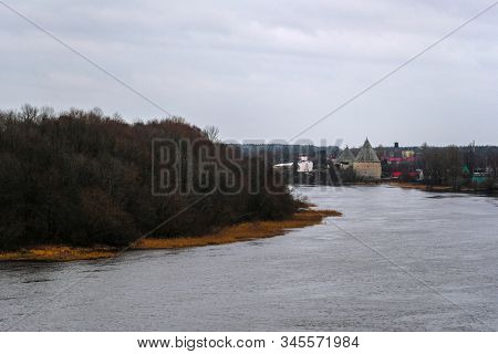 landscape with a picture of a fortress in Staraya Ladoga, Russia