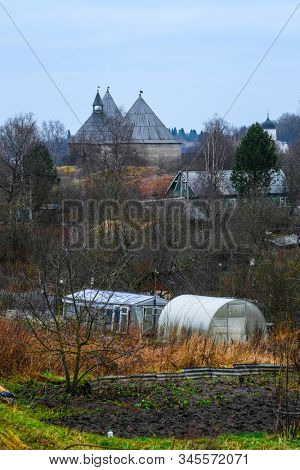 landscape with a picture of a fortress in Staraya Ladoga, Russia