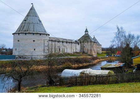 landscape with a picture of a fortress in Staraya Ladoga, Russia