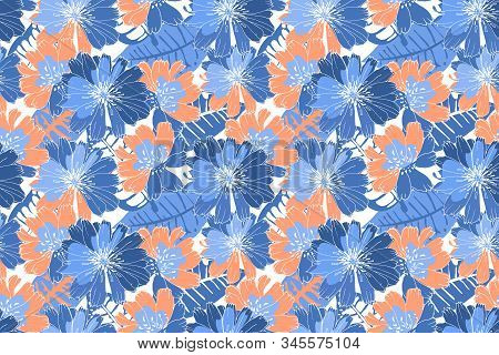 Art Florl Vector Seamless Pattern. Blue Succory.