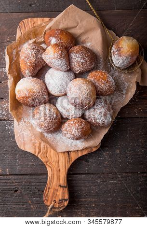Bunuelos (mexican Fritters) Golden, Crispy-sweet, Tortilla-like Fritters. Pile Of Bunyols De Quaresm