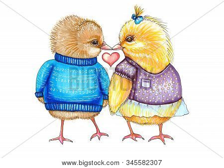Sweet, Loving Birds In Clothes. Valentines Day Alcohol Markers Illustration.