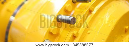 Unrecognizable Yellow Row Part Of Some Machine Or Station Closeup. Deep Water Bathyscaphe Or Pressur