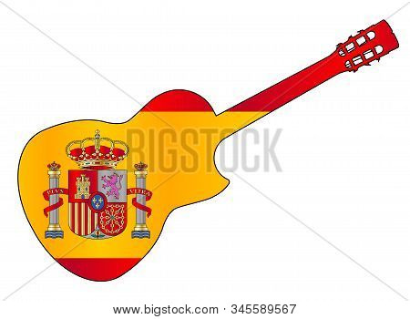 A Typical Flamenco Spanish Acoustic Guitar Isolated Over A White Background With Flag Of Spain Inset