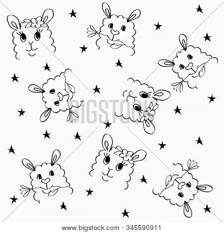 Llamas And Stars Seamless Pattern. Cute Hand-drawn Outline Animals For Kids Textile Prints And Scrap