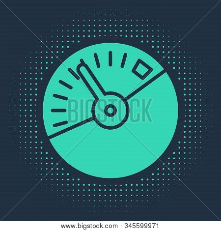 Green Speedometer Icon Isolated On Blue Background. Abstract Circle Random Dots. Vector Illustration