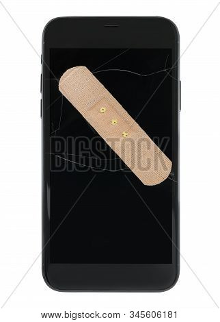 Smartphone With Sticking Plaster Isolated On White, Top View