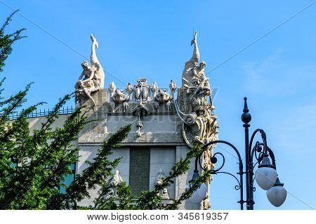 House With Chimeras In Kiev, Ukraine. Art Nouveau Building With Sculptures Of Mythical Animals Was C