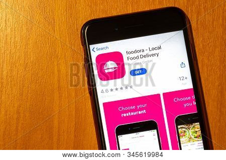 Los Angeles, California, Usa - 17 January 2020: Phone Screen With Foodora Icon On App Store Top View