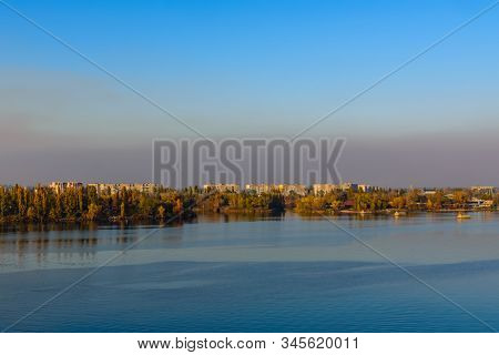 View On Residential Buildings Of City Kremenchug And River Dnieper On Autumn
