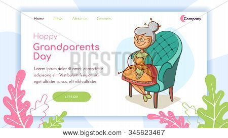 Landing Page. Grandmother In A Chair Knits Socks. Vector Illustration