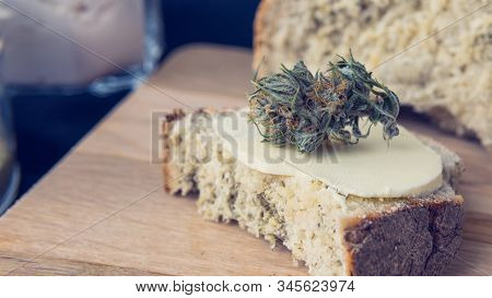 Close-up Of Bread With Hemp Flour, Sandwich With Cannabis Butter And Hashish