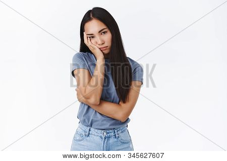 Bored And Indifferent Upset Asian Female, Facepalm, Look Bothered And Unamused, Stare Camera Displea
