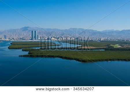 Aerial View Of Ras Al Khaimah, United Arab Emirates North Of Dubai, Looking At The City, Hajar Mount