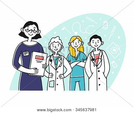 Hospital Doctor Staff. Team Of Physicians And Nurse Standing Together Flat Vector Illustration. Team