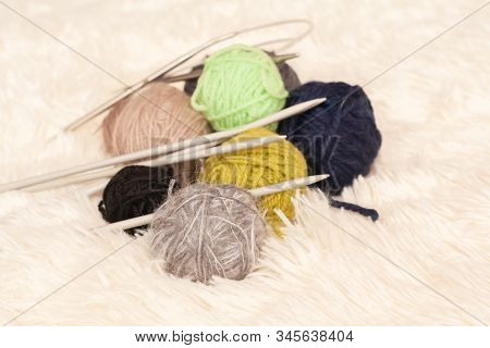 Set For Knitting Yarn In A Ball And Knitting Needles. Stock Photo.