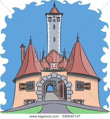 Vector Illustration Of The Urban Medieval Gate Burtorg With Towers. Rothenburg Ob Der Tauber. German