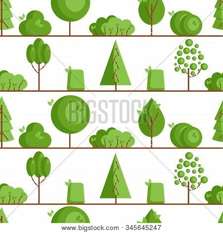 Cartoon Trees On A White Background. Seamless Pattern. Flat Style. Vector Illustration