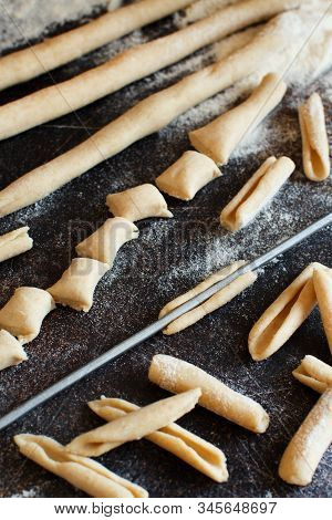 Making Whole Wheat Flour Pasta Maccheroni From Puglia, Italy