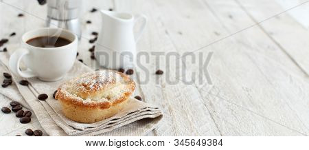 Cup Of Coffee With Pasticciotto Pastry On A Rustic Background Close Up