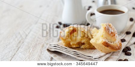 Cup Of Coffee With Pasticciotto Pastry On A Rustic Background Close Up
