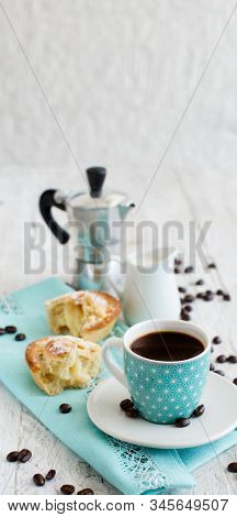Cup Of Coffee With Pasticciotto Pastry On A Rustic Background Close Up
