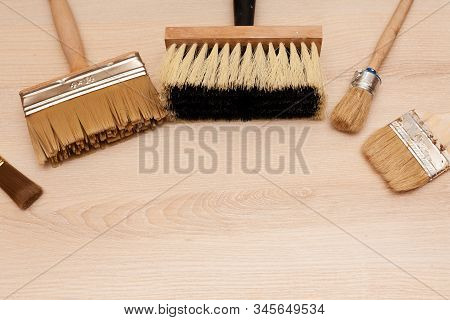 A Large Set Of Different Construction Brushes. Stock Photo Set Of Brushes For Varnishing And Primer,