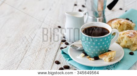 Cup Of Coffee With Pasticciotto Pastry On A Rustic Background Close Up