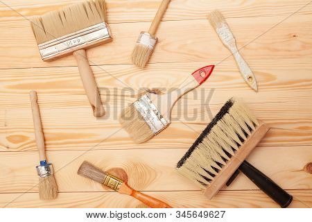 A Large Set Of Different Construction Brushes. Stock Photo Set Of Brushes For Varnishing And Primer,