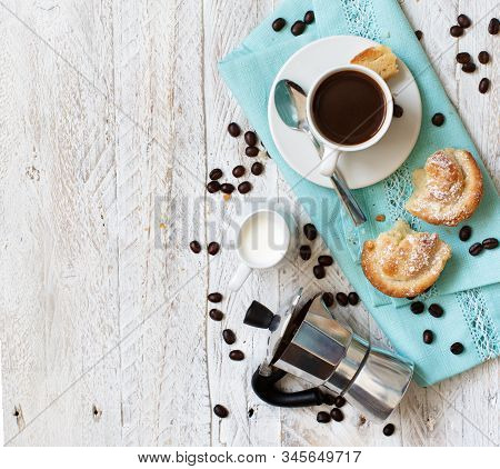 Cup Of Coffee With Pasticciotto Pastry On A Rustic Background Top View