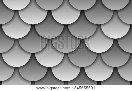 Seamless Texture Of Grey Roof Top Background. Repeating Gray Pattern Of Silver Fish Scales Roof Tile