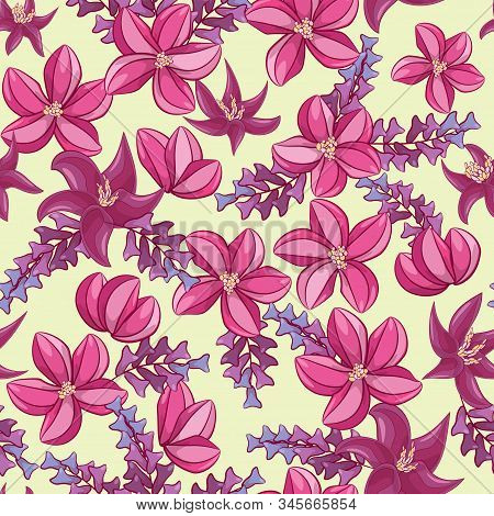 Seamless Pattern With Bright Flowers, Decor Elements On A Light Background. Flat Colorful Vector. Pl