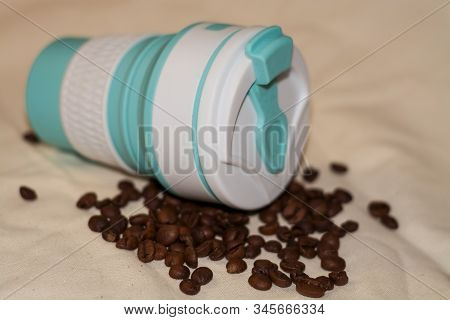 Blue Reusable Cup Transformer For Coffee And Drinks Take Away Made Of Food Silicone. Repeated Proces