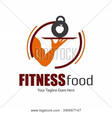 Modern Concept Fitness Or Nutriction Food. Muscle Arm Serving The Dish With Heavy Dumbbell. Design F