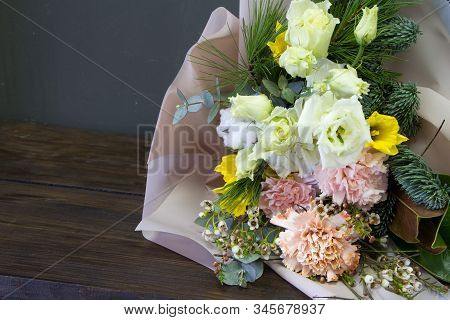 Detail Closeup Of Original Bouquet In Vintage Style On A Dark Background, Selective Focus