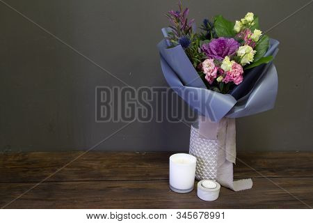The Original Bouquet In Vintage Style And Candles On A Dark Background, Selective Focus
