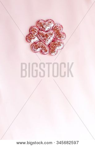 Background With Pink Glittered Hearts. Pink Paper Top View, Flat Lay, Minimal Style. Moke Up Card.