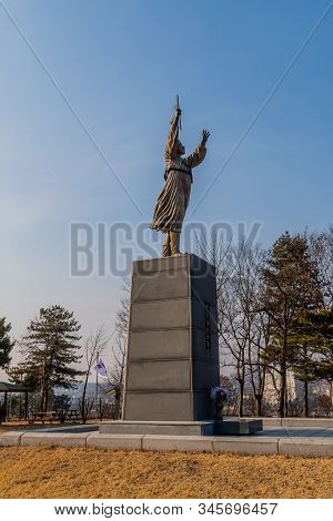 Cheonan, South Korea; January 3, 2020: Statue Of Korean Patriot Yu Gwan Sun In Public Park. Artist U