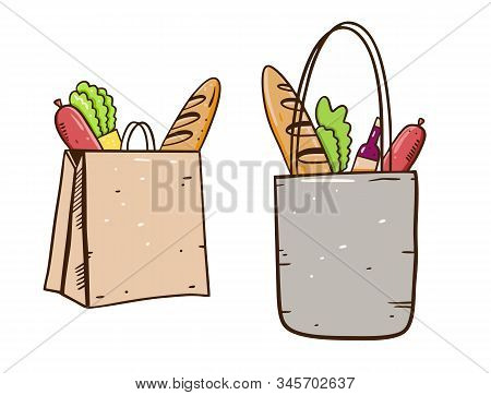 Shop Bags With Food. Hand Draw Vector Illustration. Cartoon Style.