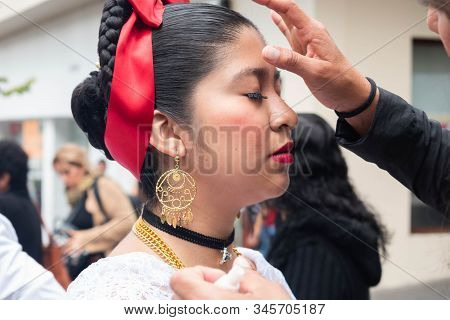 Xalapa, Veracruz, Mexico- November 24, 2019: Young Woman With Traditional Clothes Being Made Up Duri