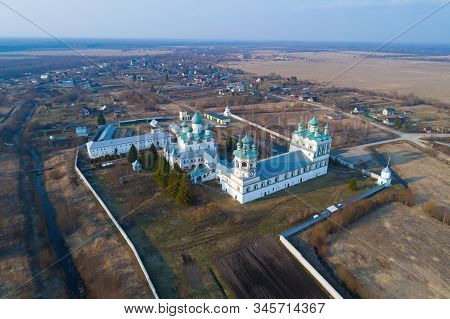 Nikolo-vyazhishchskiy Monastery In The April Landscape (aerial Photography). Vyazhishchi, Novgorod R