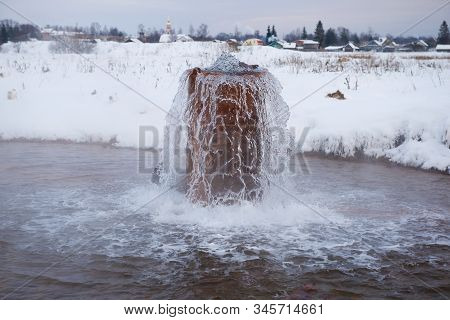 Tsaritsynsky Mineral Spring Close-up On A January Evening. Staraya Russa, Russia