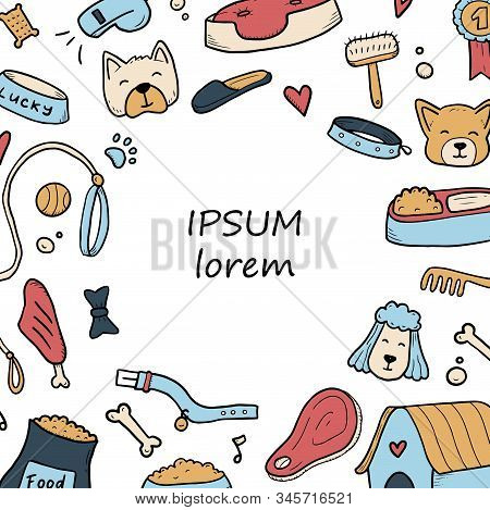 Hand Drawn Template Of Dog And Pet Accessories Elements. For The Design Of Dog Themes: Training, Car