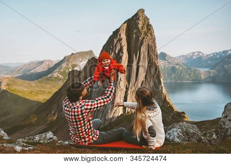 Happy Family Vacations Mother And Father With Baby Traveling Hiking Together Parents Playing With Ch