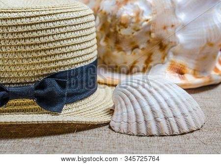 Vacation Still Life With Straw Hat And Sea Shells On The Mat