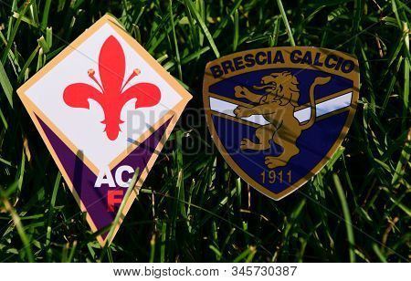 September 6, 2019, Turin, Italy. Emblems Of Italian Football Clubs Brescia And Fiorentina Florence O